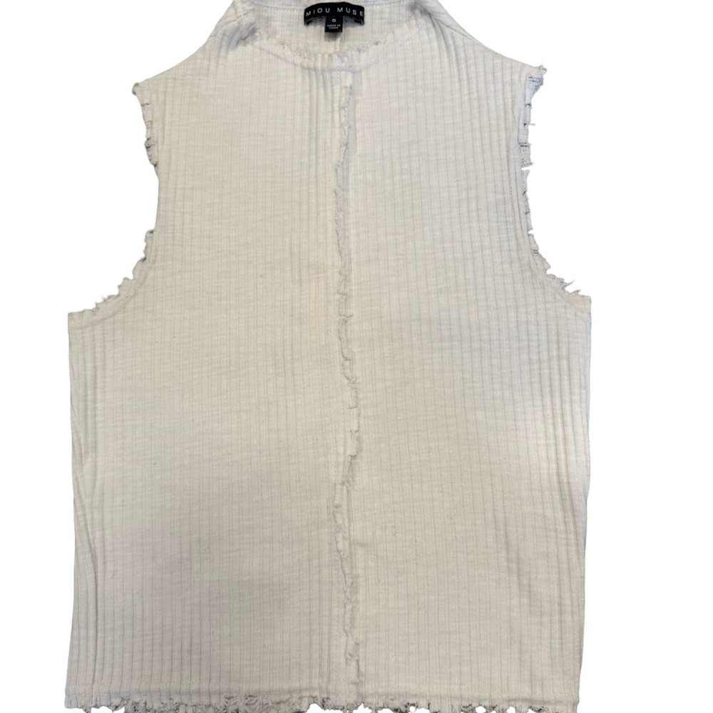 Miou Muse Ivory Ribbed Sleeveless Mock Neck Tank Raw Hem Exposed Seam Size S